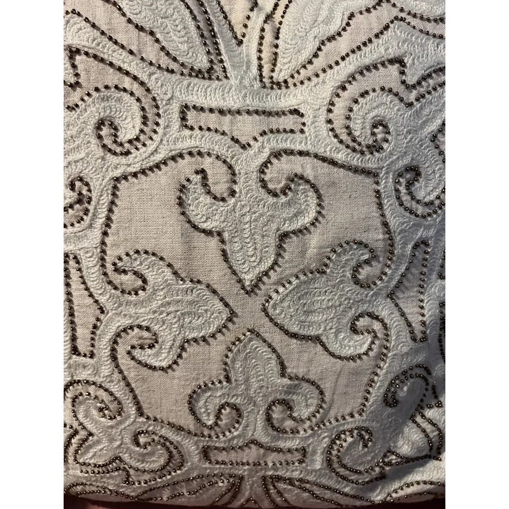 Linen Blend Beaded Embroidered Square Pillow Sham On A Feather Filled Pillow